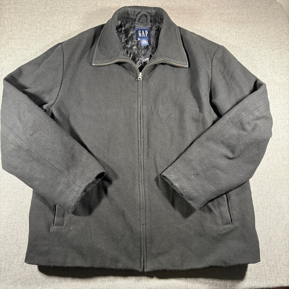 Gap Wool Blend Jacket Mens XL Black Full Zip Quilted Lined Heavyweight